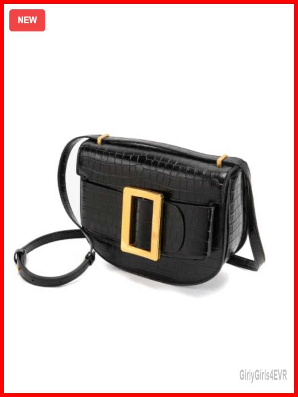 Croc Embossed PU Leather Saddle Crossbody Bag Gold Buckle Shoulder Purse